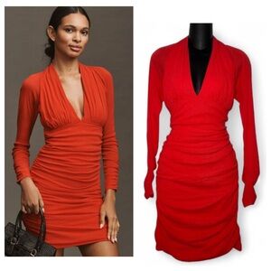 Anthropologie Red Ruched Mesh V-Neck Mini Dress NWT Sexy Bodycon